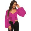 imageLYANER Womens Tie Knot Front Shirred Back Lantern Long Sleeve Crop Blouse Tee TopRose