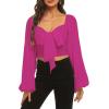 imageLYANER Womens Tie Knot Front Shirred Back Lantern Long Sleeve Crop Blouse Tee TopRose
