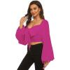imageLYANER Womens Tie Knot Front Shirred Back Lantern Long Sleeve Crop Blouse Tee TopRose