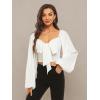 imageLYANER Womens Tie Knot Front Shirred Back Lantern Long Sleeve Crop Blouse Tee TopWhite