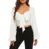 imageLYANER Womens Tie Knot Front Shirred Back Lantern Long Sleeve Crop Blouse Tee TopWhite