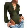 imageLYANER Womens Lace Trim V Neck Puff Long Sleeve Leotard Bodysuit TopsArmy Green