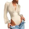imageLYANER Womens Lace Trim V Neck Puff Long Sleeve Leotard Bodysuit TopsBeige