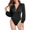 imageLYANER Womens Lace Trim V Neck Puff Long Sleeve Leotard Bodysuit TopsBlack