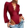 imageLYANER Womens Lace Trim V Neck Puff Long Sleeve Leotard Bodysuit TopsBurgundy
