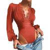 imageLYANER Womens Lace Trim V Neck Puff Long Sleeve Leotard Bodysuit TopsBurnt Orange