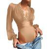 imageLYANER Womens Lace Trim V Neck Puff Long Sleeve Leotard Bodysuit TopsKhaki
