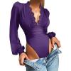 imageLYANER Womens Lace Trim V Neck Puff Long Sleeve Leotard Bodysuit TopsPurple