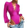 imageLYANER Womens Lace Trim V Neck Puff Long Sleeve Leotard Bodysuit TopsRose Pink