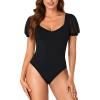 imageLYANER Womens Mesh Puff Sleeve Sweetheart V Neck Bodysuit Short Sleeve Leotards TopsBlack