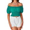 imageLYANER Womens Off Shoulder Short Sleeve Pleated Ruffle Trim Crop Top Blouse ShirtLake Green