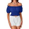 imageLYANER Womens Off Shoulder Short Sleeve Pleated Ruffle Trim Crop Top Blouse ShirtRoyal Blue