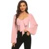 imageLYANER Womens Tie Knot Front Shirred Back Lantern Long Sleeve Crop Blouse Tee TopBaby Pink