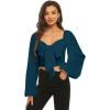 imageLYANER Womens Tie Knot Front Shirred Back Lantern Long Sleeve Crop Blouse Tee TopNavy Blue