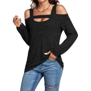 imageLYANER Womens Casual Cold Shoulder Hollow Out Solid Long Sleeve Blouse Tunic Shirts TopBlack