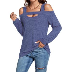 imageLYANER Womens Casual Cold Shoulder Hollow Out Solid Long Sleeve Blouse Tunic Shirts TopBlue