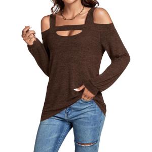 imageLYANER Womens Casual Cold Shoulder Hollow Out Solid Long Sleeve Blouse Tunic Shirts TopDark Brown