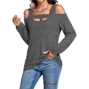 imageLYANER Womens Casual Cold Shoulder Hollow Out Solid Long Sleeve Blouse Tunic Shirts TopDark Gray