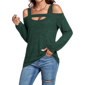 imageLYANER Womens Casual Cold Shoulder Hollow Out Solid Long Sleeve Blouse Tunic Shirts TopDark Green