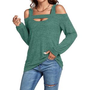 imageLYANER Womens Casual Cold Shoulder Hollow Out Solid Long Sleeve Blouse Tunic Shirts TopGreen