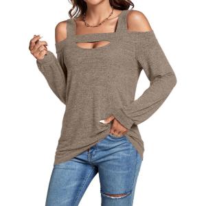imageLYANER Womens Casual Cold Shoulder Hollow Out Solid Long Sleeve Blouse Tunic Shirts TopLight Brown
