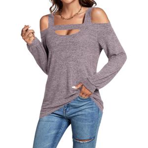 imageLYANER Womens Casual Cold Shoulder Hollow Out Solid Long Sleeve Blouse Tunic Shirts TopLight Purple