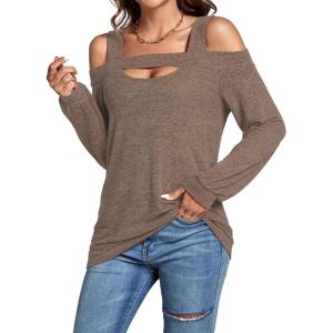 imageLYANER Womens Casual Cold Shoulder Hollow Out Solid Long Sleeve Blouse Tunic Shirts TopMocha