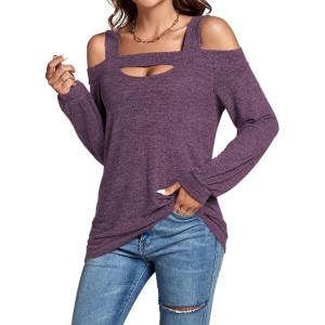 imageLYANER Womens Casual Cold Shoulder Hollow Out Solid Long Sleeve Blouse Tunic Shirts TopPurple