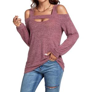 imageLYANER Womens Casual Cold Shoulder Hollow Out Solid Long Sleeve Blouse Tunic Shirts TopPurplish Red