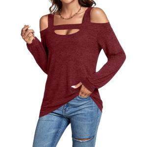 imageLYANER Womens Casual Cold Shoulder Hollow Out Solid Long Sleeve Blouse Tunic Shirts TopWine Red