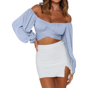 imageLYANER Womens Cute Off Shoulder Long Sleeve Self Tie Knot Crop Tube Top BlouseBaby Blue
