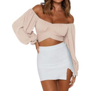 imageLYANER Womens Cute Off Shoulder Long Sleeve Self Tie Knot Crop Tube Top BlouseBeige