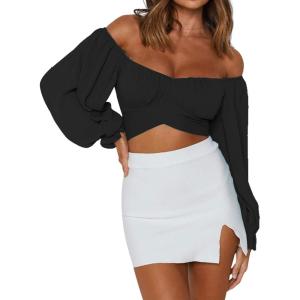 imageLYANER Womens Cute Off Shoulder Long Sleeve Self Tie Knot Crop Tube Top BlouseBlack