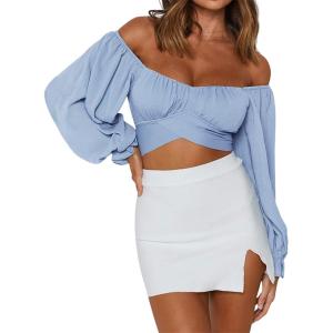 imageLYANER Womens Cute Off Shoulder Long Sleeve Self Tie Knot Crop Tube Top BlouseBlue