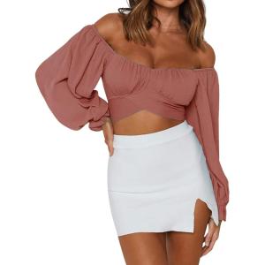 imageLYANER Womens Cute Off Shoulder Long Sleeve Self Tie Knot Crop Tube Top BlouseBurnt Orange