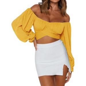 imageLYANER Womens Cute Off Shoulder Long Sleeve Self Tie Knot Crop Tube Top BlouseGinger