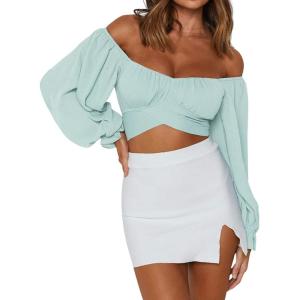 imageLYANER Womens Cute Off Shoulder Long Sleeve Self Tie Knot Crop Tube Top BlouseMint Green