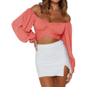 imageLYANER Womens Cute Off Shoulder Long Sleeve Self Tie Knot Crop Tube Top BlouseOrange