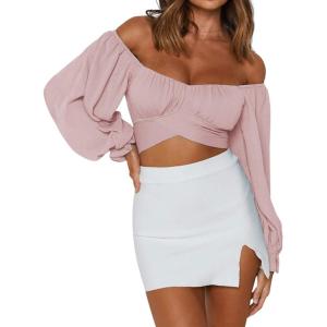 imageLYANER Womens Cute Off Shoulder Long Sleeve Self Tie Knot Crop Tube Top BlousePink