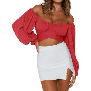 imageLYANER Womens Cute Off Shoulder Long Sleeve Self Tie Knot Crop Tube Top BlouseRed
