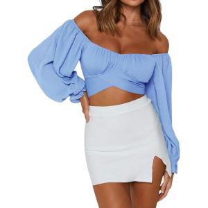imageLYANER Womens Cute Off Shoulder Long Sleeve Self Tie Knot Crop Tube Top BlouseSky Blue
