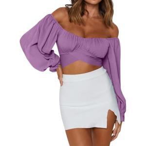 imageLYANER Womens Cute Off Shoulder Long Sleeve Self Tie Knot Crop Tube Top BlouseViolet