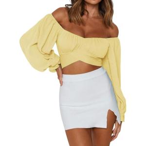 imageLYANER Womens Cute Off Shoulder Long Sleeve Self Tie Knot Crop Tube Top BlouseYellow