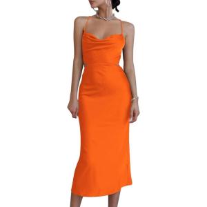 imageLYANER Womens Deep V Neck Tie Front Knot Long Sleeve Sexy Wrap Crop Top BlouseBright Orange