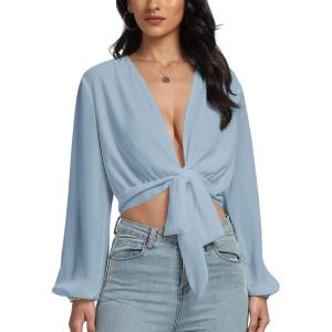 imageLYANER Womens Deep V Neck Tie Front Knot Long Sleeve Sexy Wrap Crop Top BlouseDusty Blue
