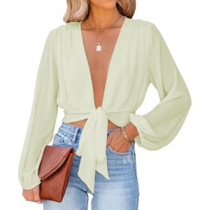 imageLYANER Womens Deep V Neck Tie Front Knot Long Sleeve Sexy Wrap Crop Top BlouseLight Green