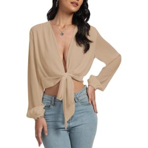 imageLYANER Womens Deep V Neck Tie Front Knot Long Sleeve Sexy Wrap Crop Top BlouseLight Khaki