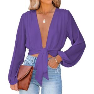 imageLYANER Womens Deep V Neck Tie Front Knot Long Sleeve Sexy Wrap Crop Top BlouseLilac