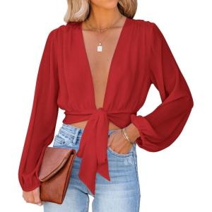 imageLYANER Womens Deep V Neck Tie Front Knot Long Sleeve Sexy Wrap Crop Top BlouseRed
