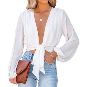 imageLYANER Womens Deep V Neck Tie Front Knot Long Sleeve Sexy Wrap Crop Top BlouseWhite